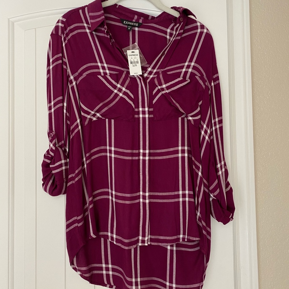 Express Plaid Print Burgundy Shirt Extra Soft XS